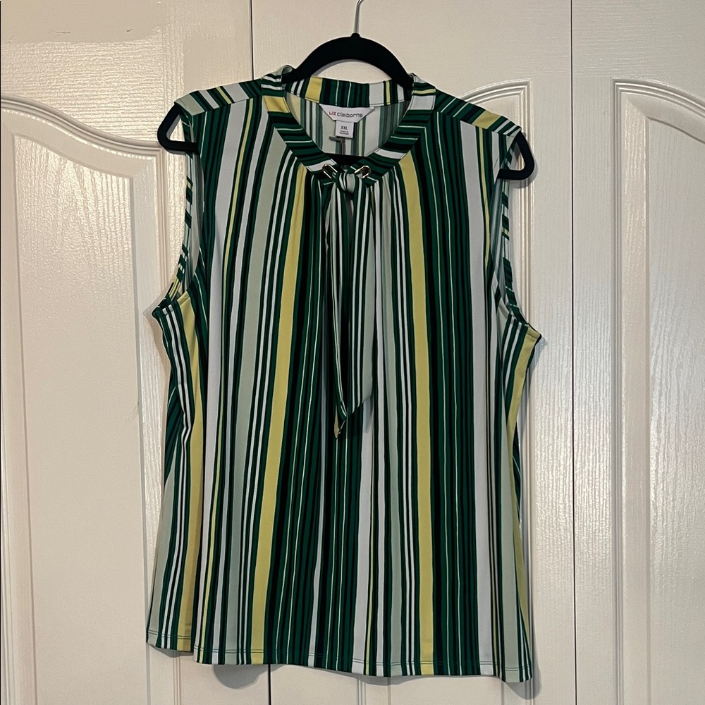 NWT Liz Claiborne Sleeveless Tie Neck Blouse Green Yellow Striped Size XXL - Picture 3 of 5